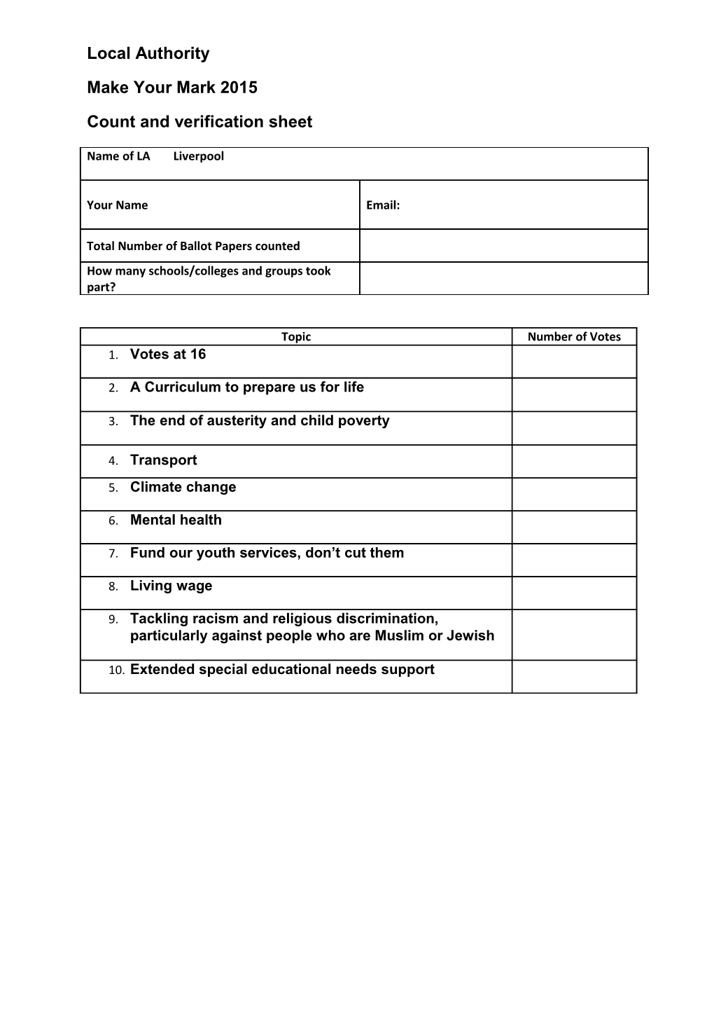 Count and Verification Sheet