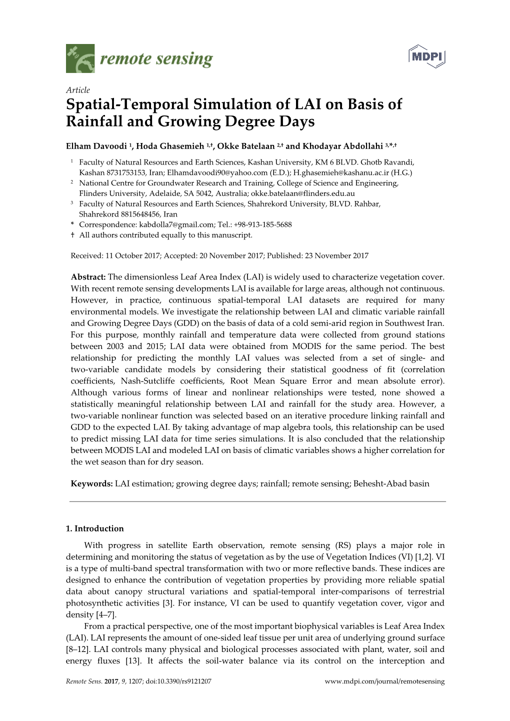 Spatial-Temporal Simulation of LAI on Basis of Rainfall and Growing Degree Days