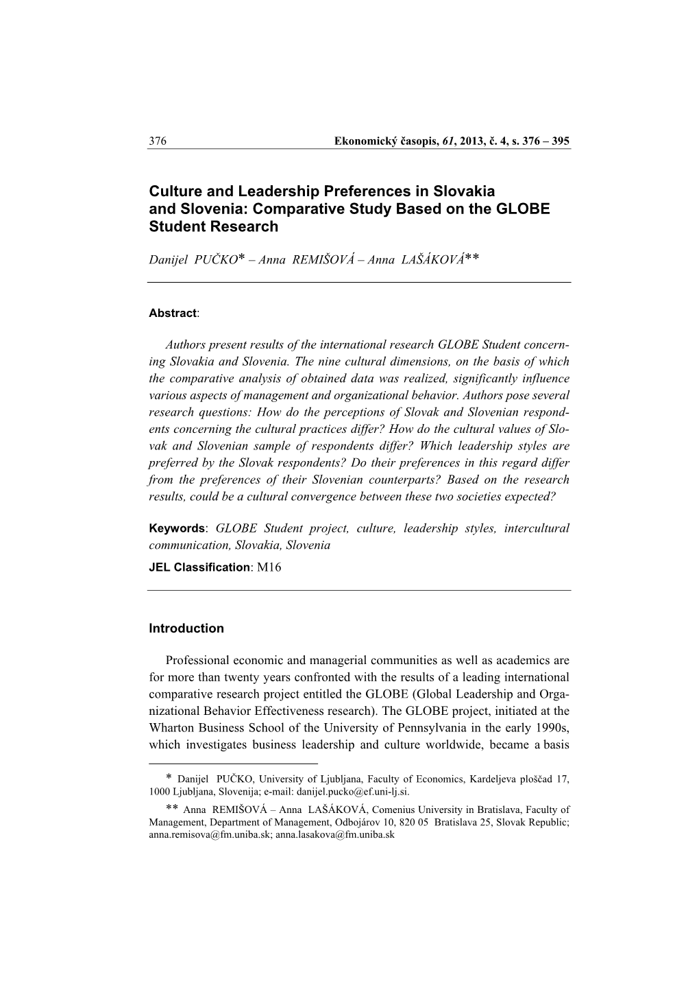 Culture and Leadership Preferences in Slovakia and Slovenia: Comparative Study Based on the GLOBE Student Research