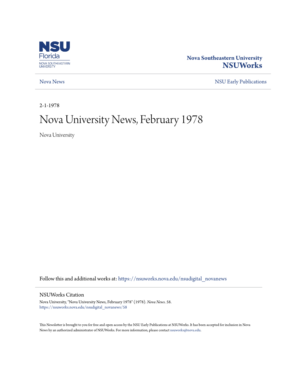 Nova University News, February 1978 Nova University