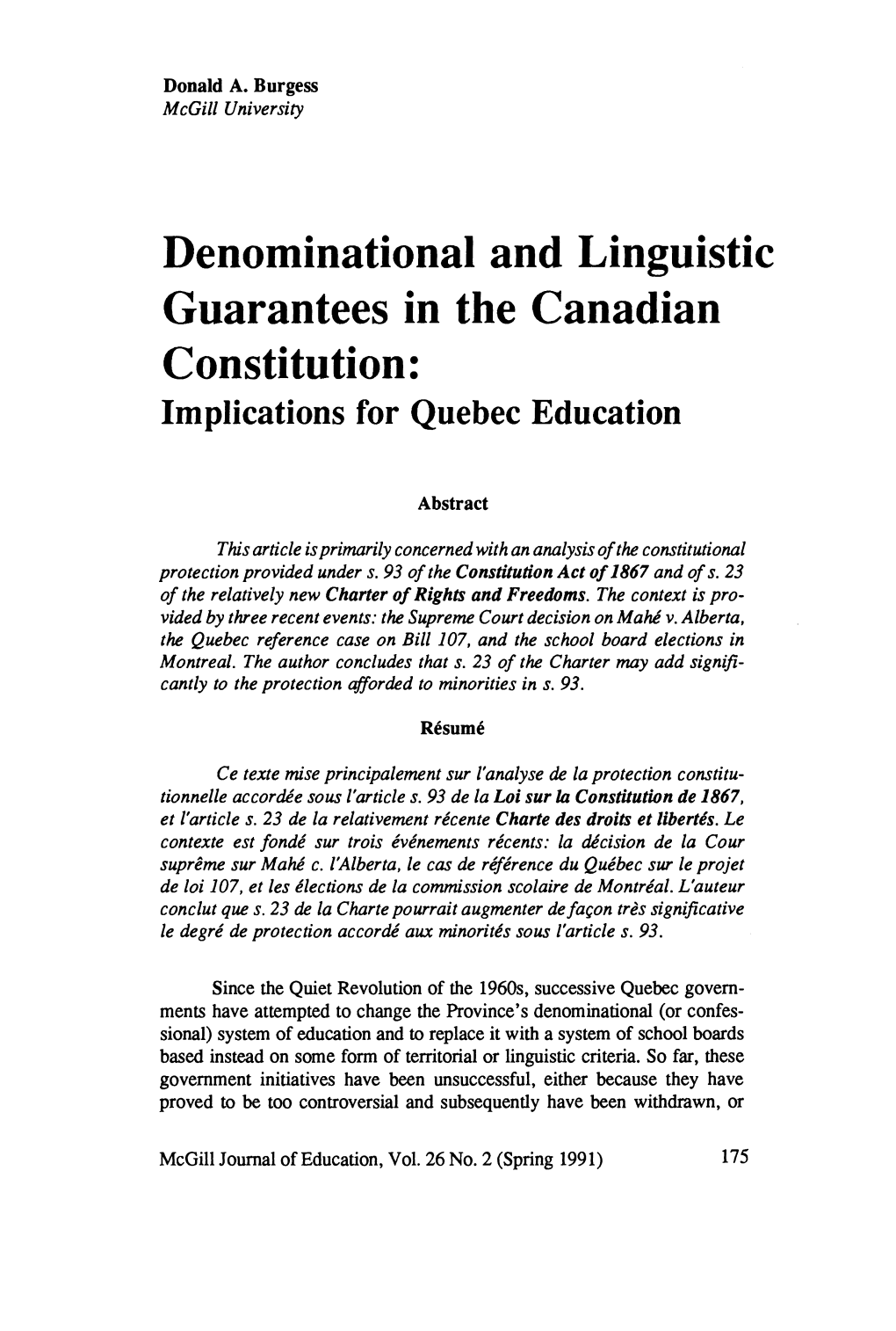 Denominational and Linguistic Guarantees in the Canadian Constitution: Implications for Quebec Education