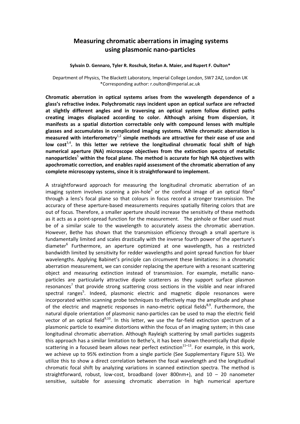 Measuring Chromatic Aberrations in Imaging Systems Using Plasmonic Nano‐Particles