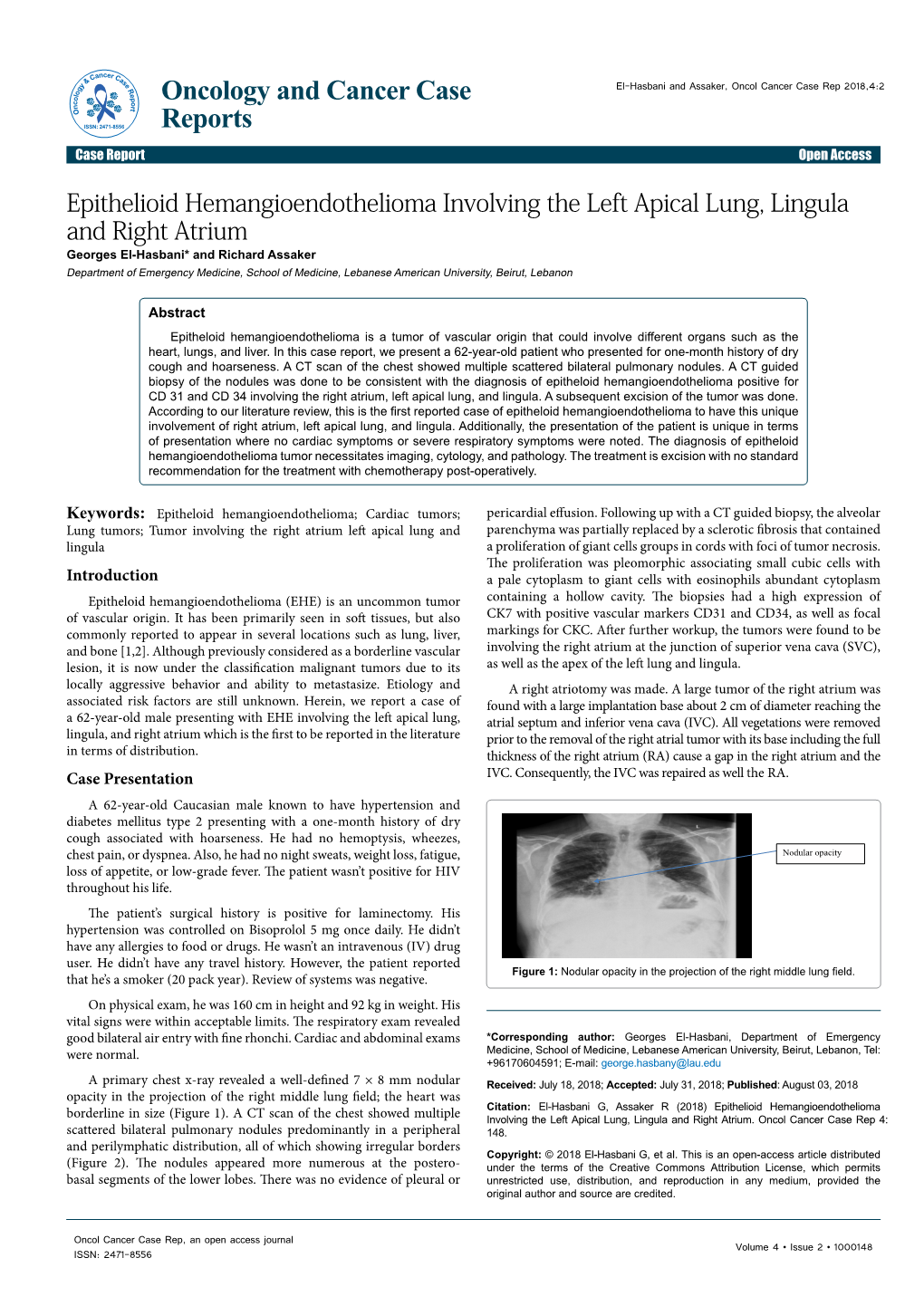 Epithelioid Hemangioendothelioma Involving the Left Apical Lung