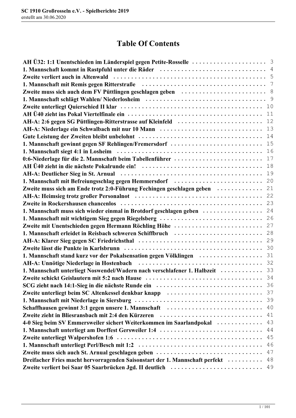 SC 1910 Großrosseln E.V. - Spielberichte 2019 Erstellt Am 30.06.2020