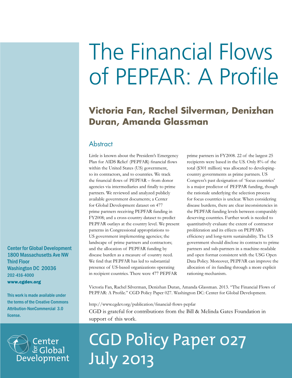 The Financial Flows of PEPFAR: a Profile