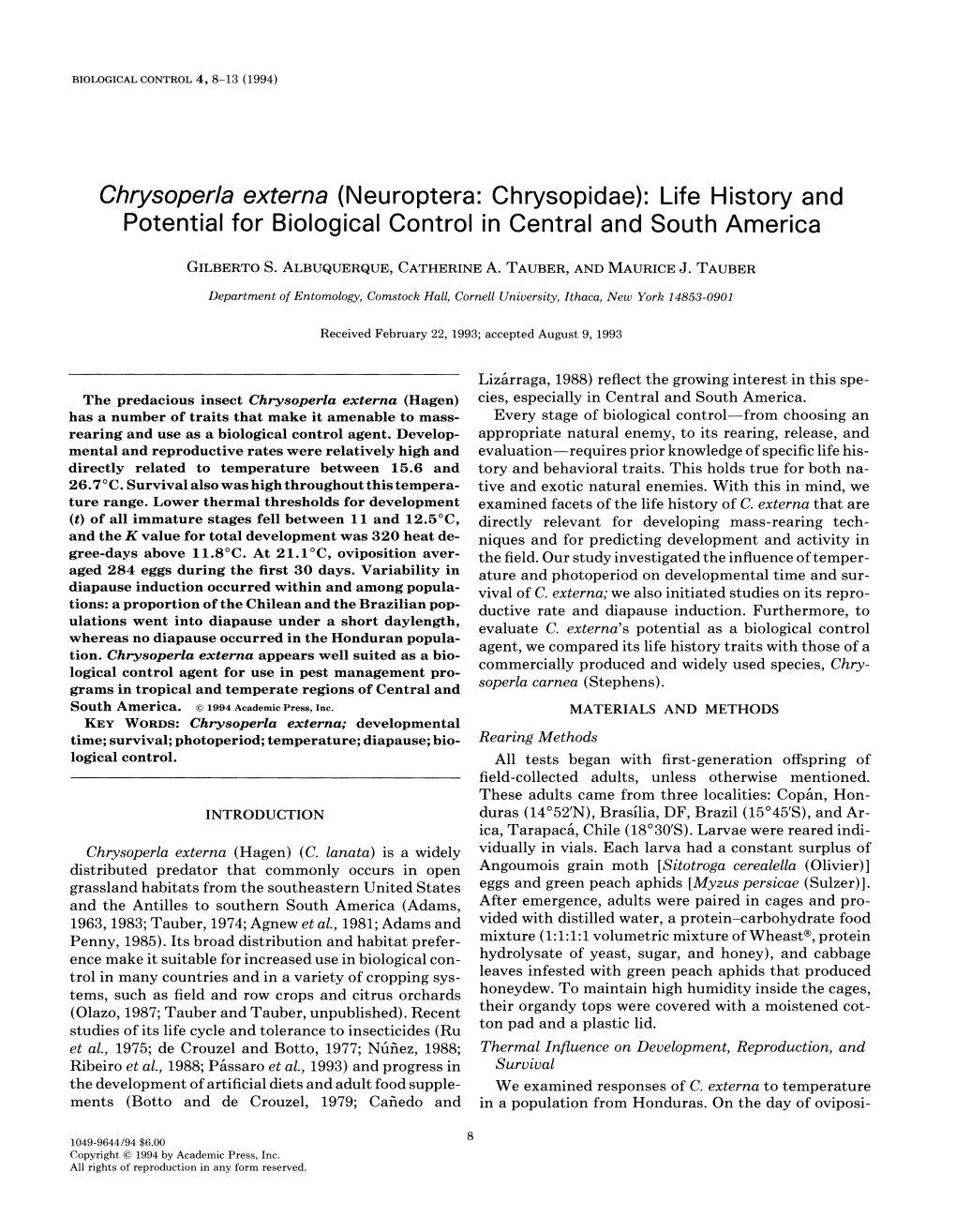 Chrysoperla Extern a (Neuroptera: Chrysopidae): Life History and Potential for Biological Control in Central and South America