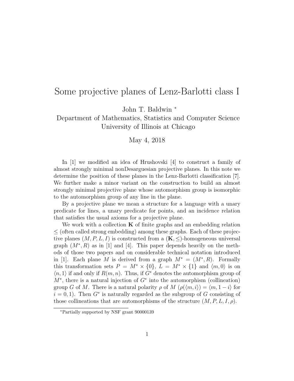 Some Projective Planes of Lenz-Barlotti Class I