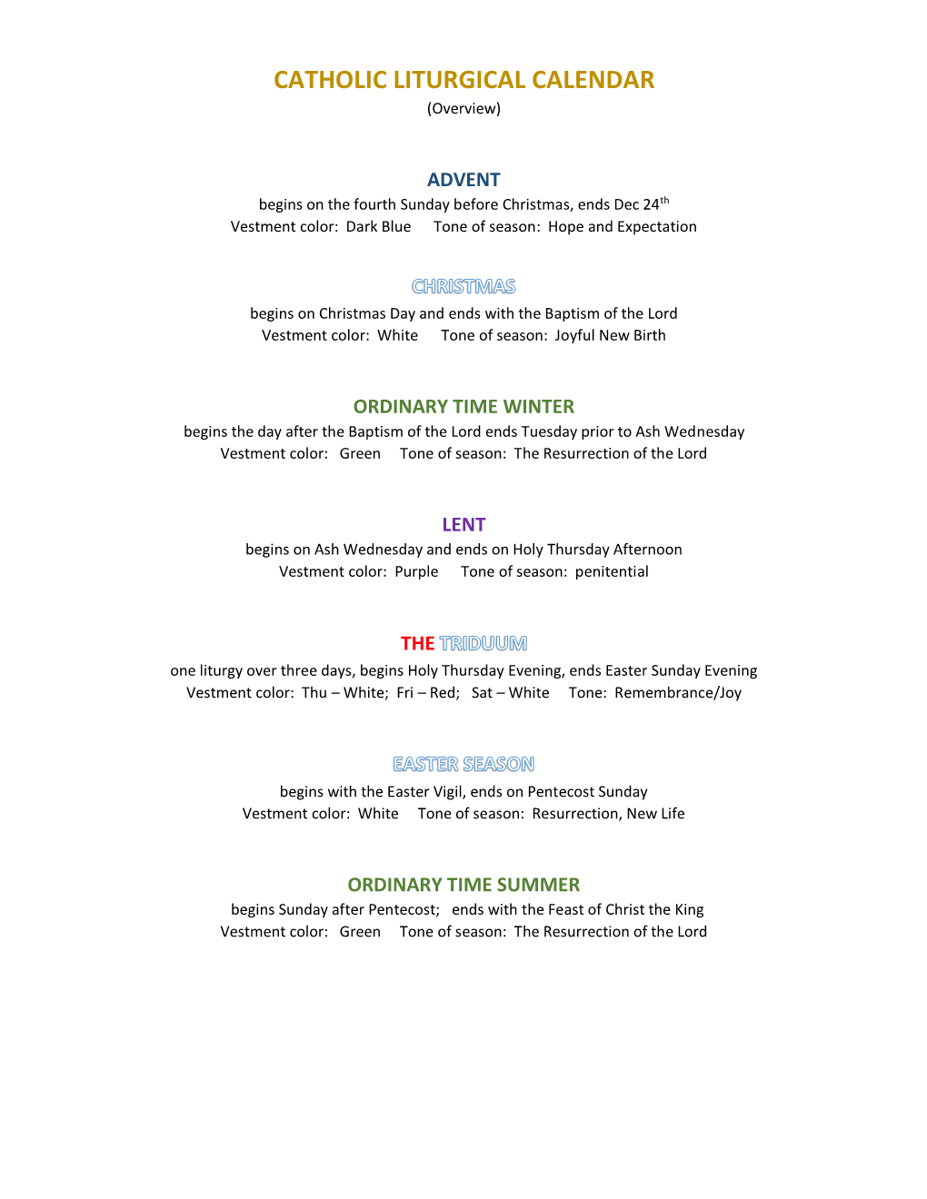 CATHOLIC LITURGICAL CALENDAR (Overview)