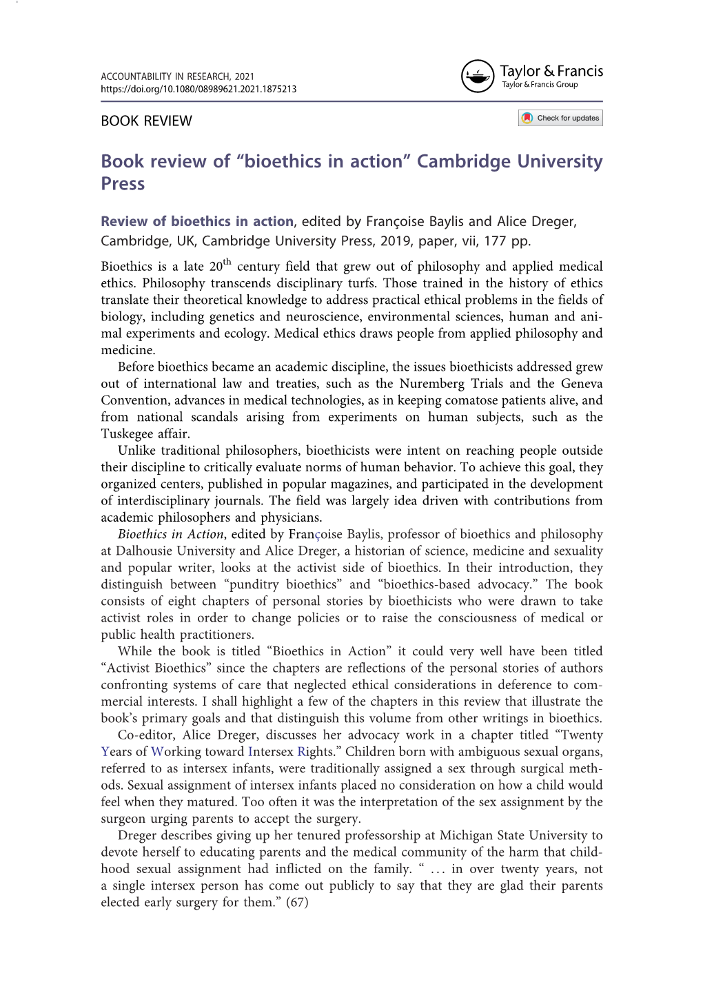 Bioethics in Action” Cambridge University Press�