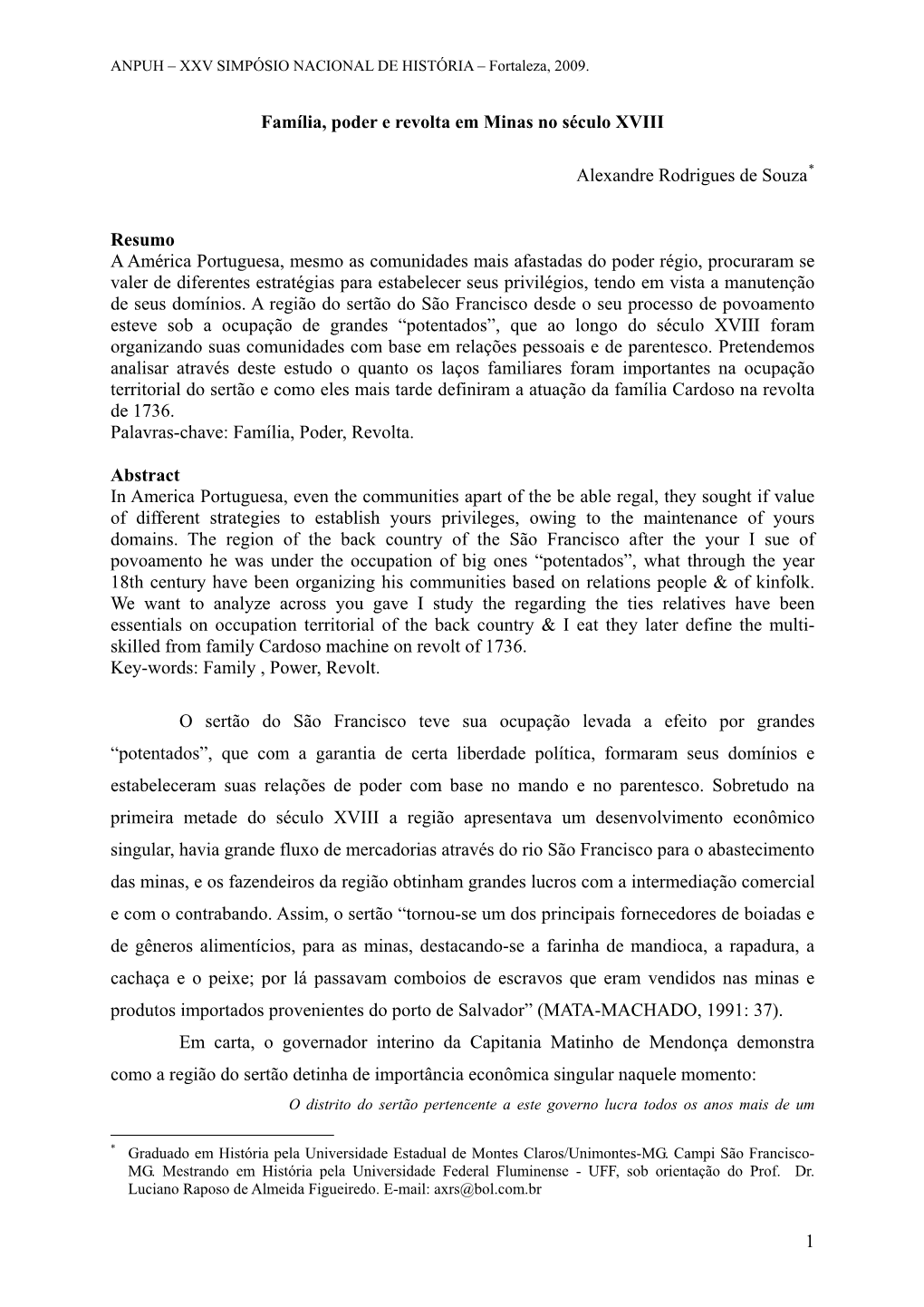 Família, Poder E Revolta Em Minas No Século XVIII Alexandre