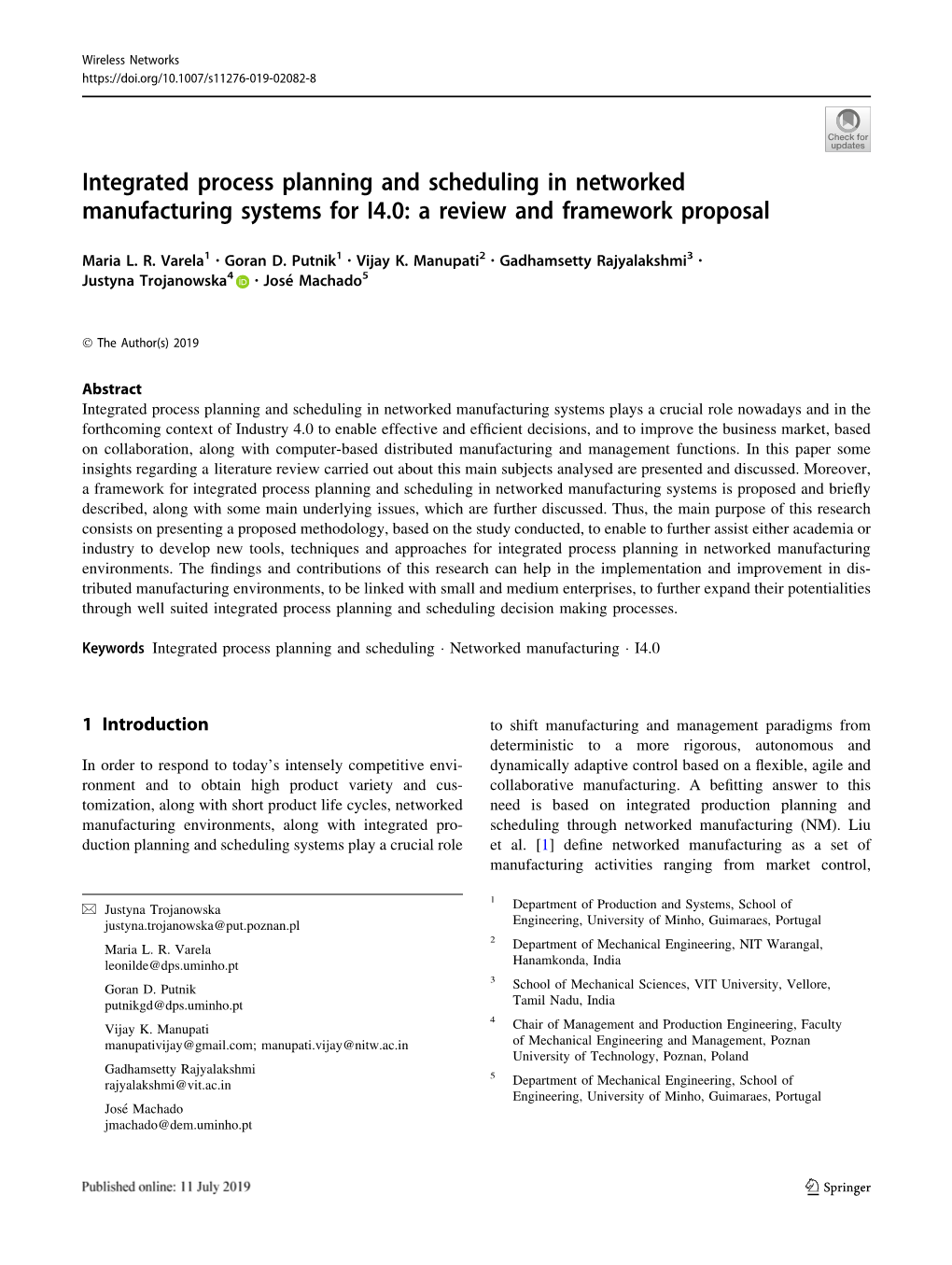 Integrated Process Planning and Scheduling in Networked Manufacturing Systems for I4.0: a Review and Framework Proposal