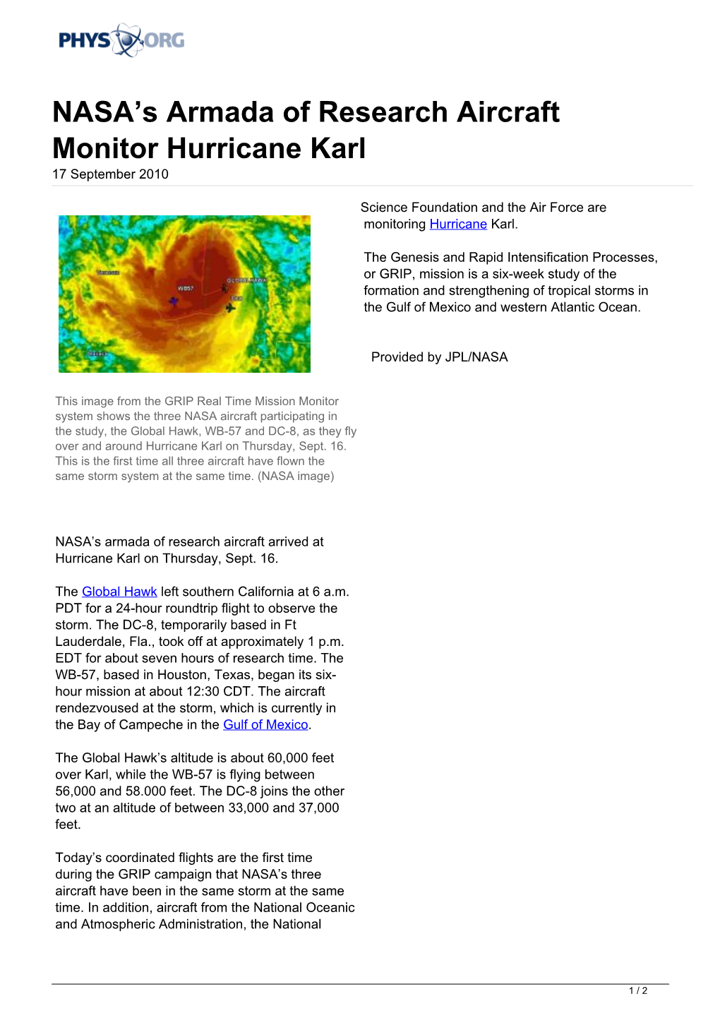 NASA's Armada of Research Aircraft Monitor Hurricane Karl