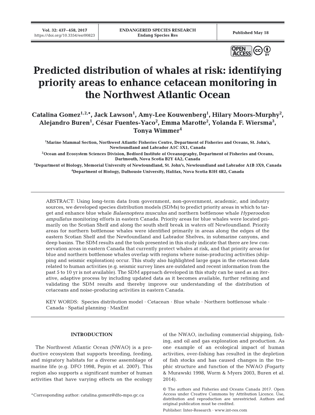 Predicted Distribution of Whales at Risk: Identifying Priority Areas to Enhance Cetacean Monitoring in the Northwest Atlantic Ocean