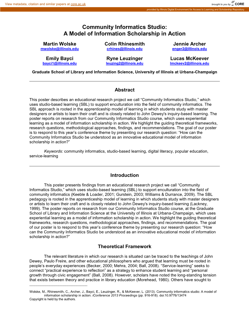 Community Informatics Studio: a Model of Information Scholarship in Action