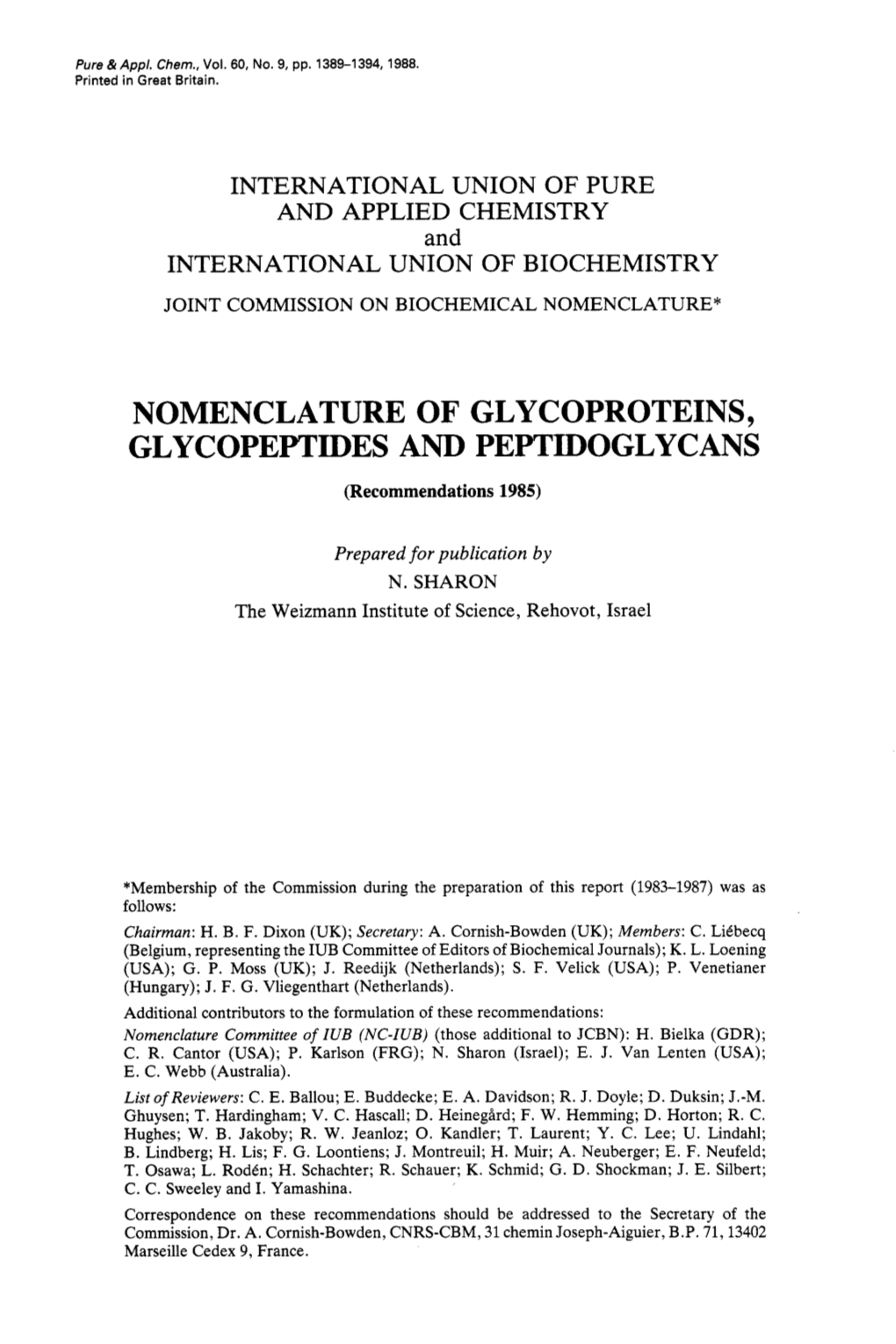 NOMENCLATURE of GLYCOPROTEINS, GLYCOPEPTIDES and PEPTIDOGLYCANS (Recommendations 1985)