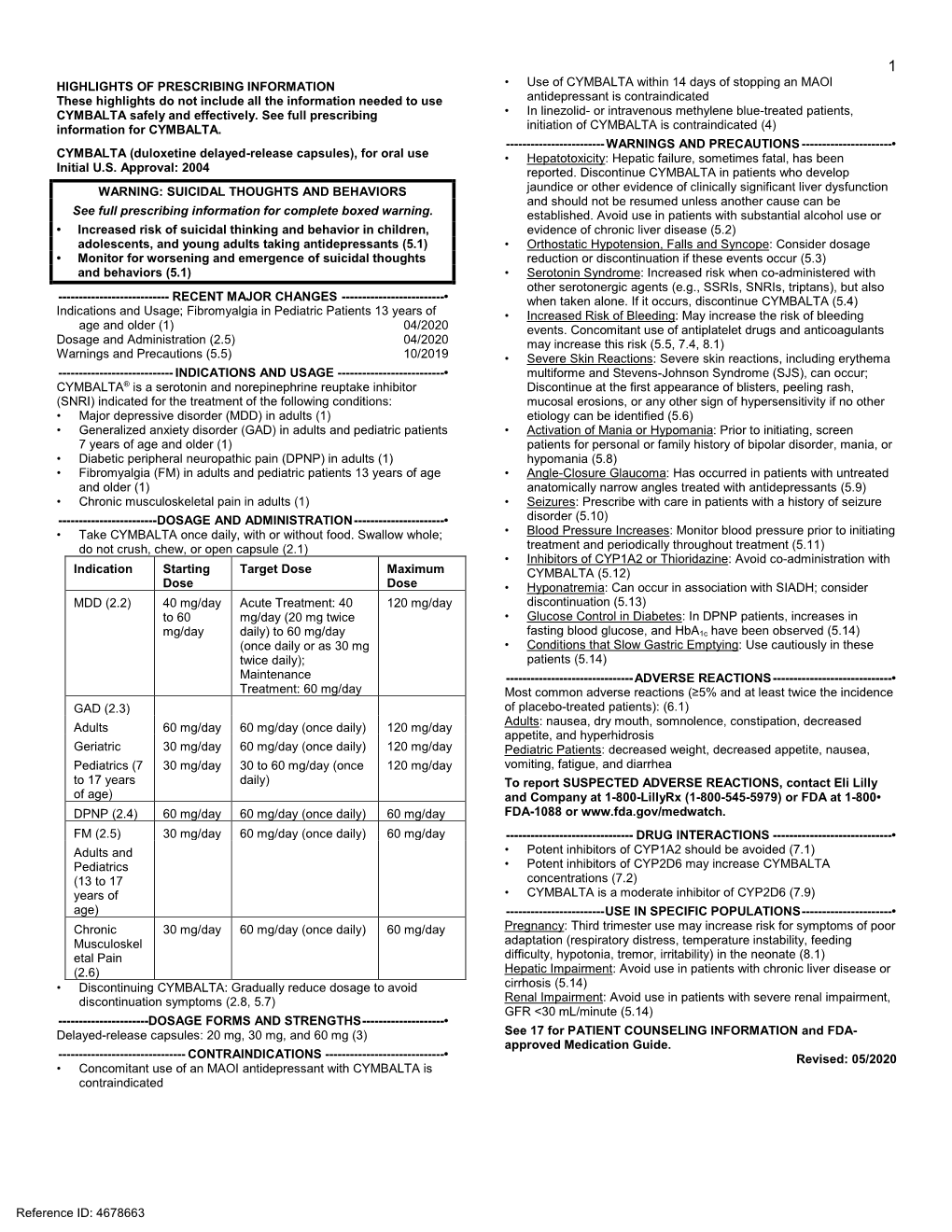 Use of CYMBALTA Within 14 Days of Stopping an MAOI These Highlights Do Not Include All the Information Needed to Use Antidepressant Is Contraindicated