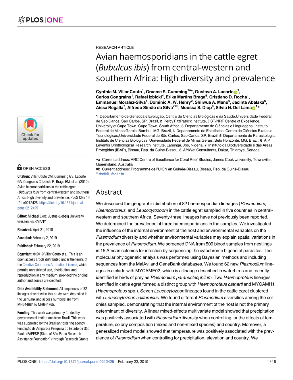 Avian Haemosporidians in the Cattle Egret (Bubulcus Ibis) from Central-Western and Southern Africa: High Diversity and Prevalence