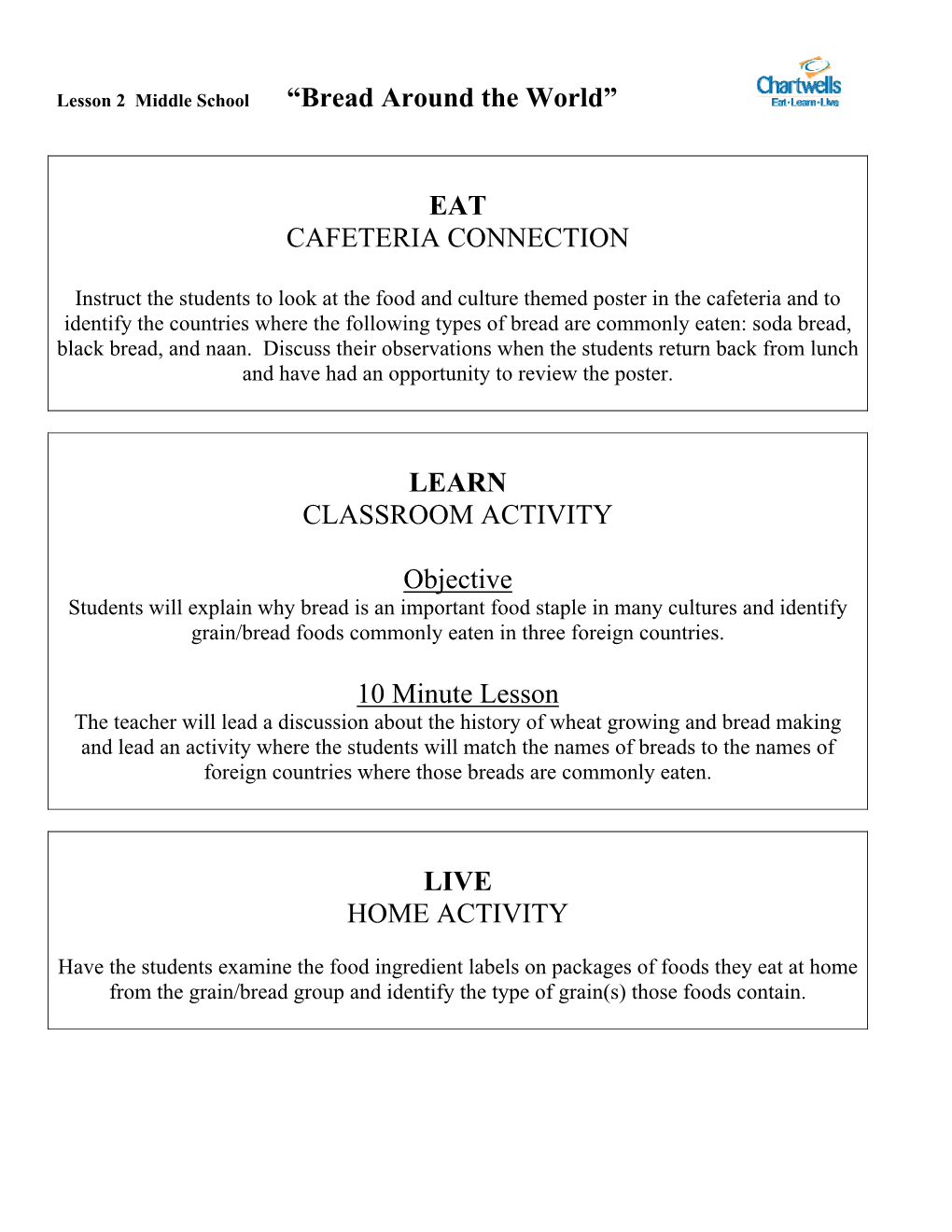 EAT CAFETERIA CONNECTION LEARN CLASSROOM ACTIVITY Objective 10 Minute Lesson LIVE HOME ACTIVITY