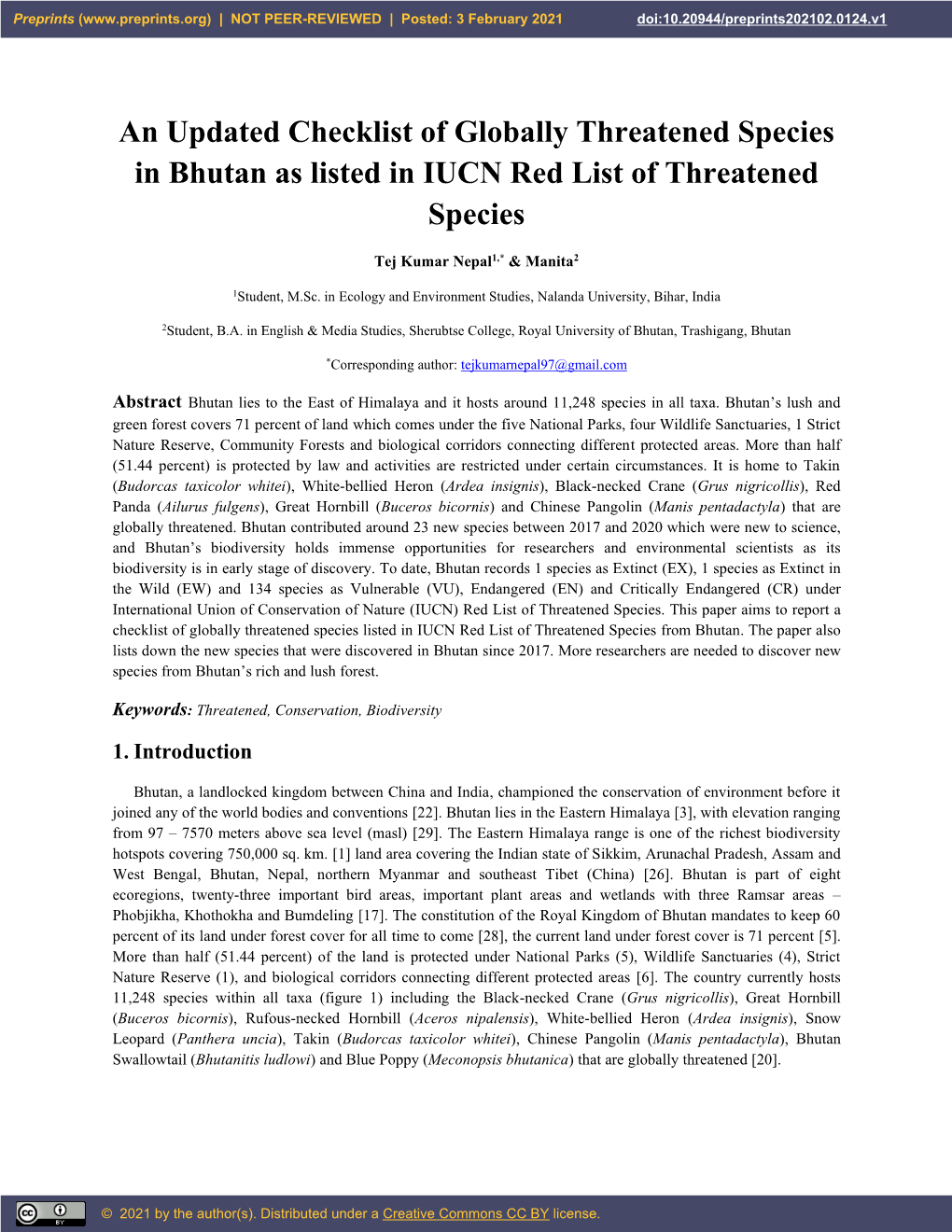 An Updated Checklist of Globally Threatened Species in Bhutan As Listed in IUCN Red List of Threatened Species