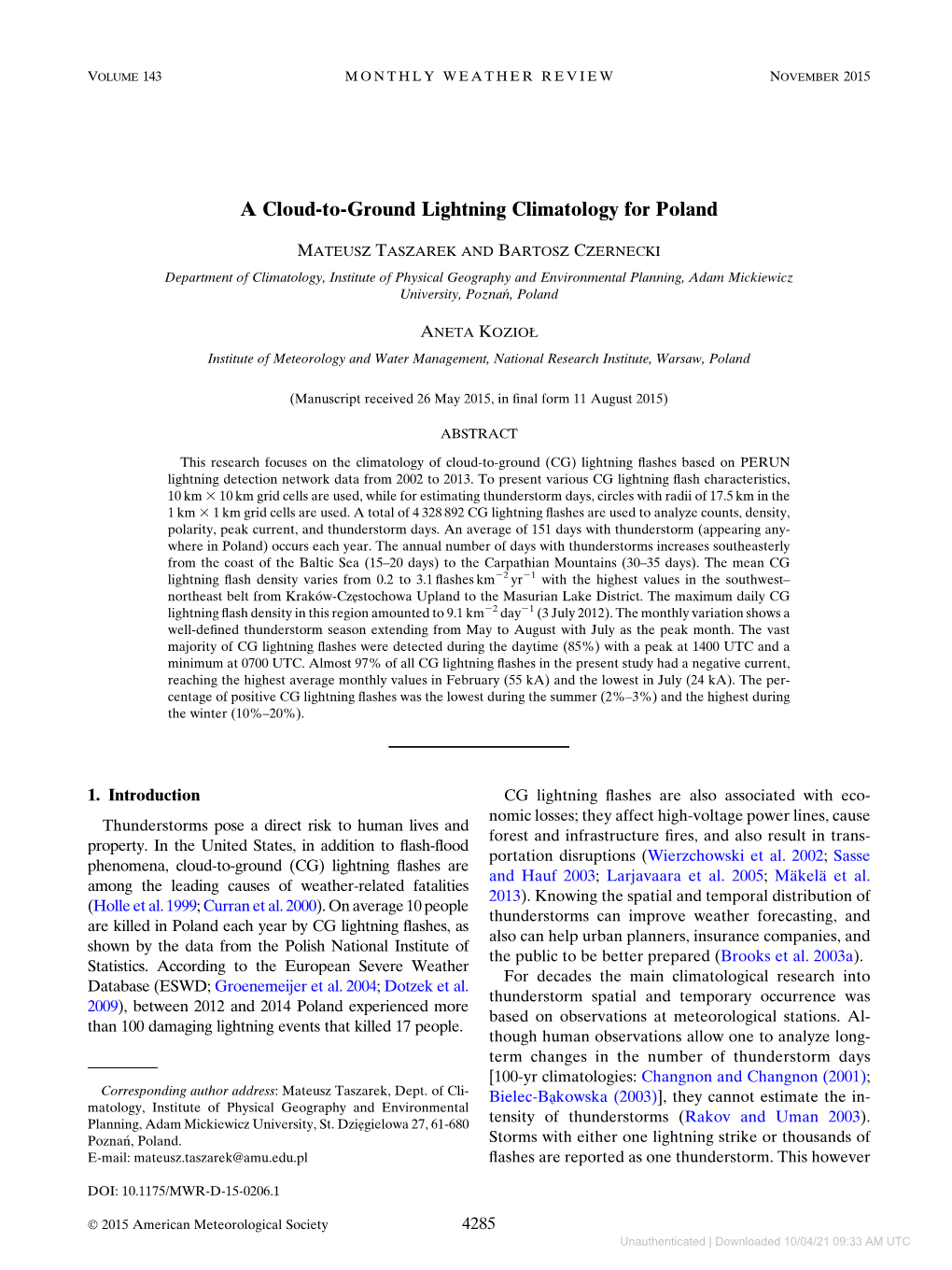 A Cloud-To-Ground Lightning Climatology for Poland