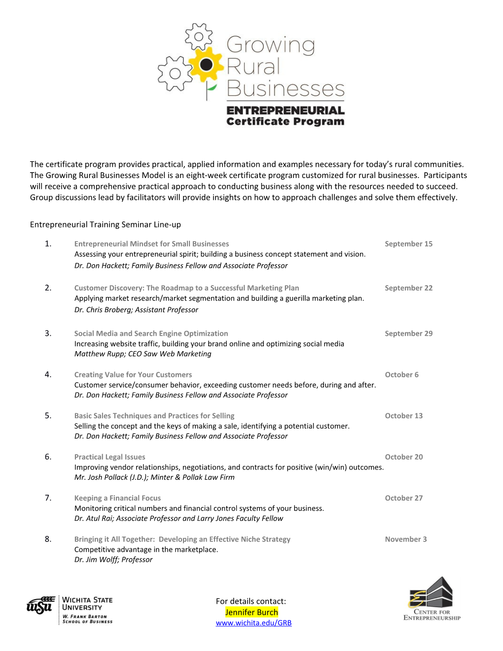 Entrepreneurial Training Seminar Line-Up