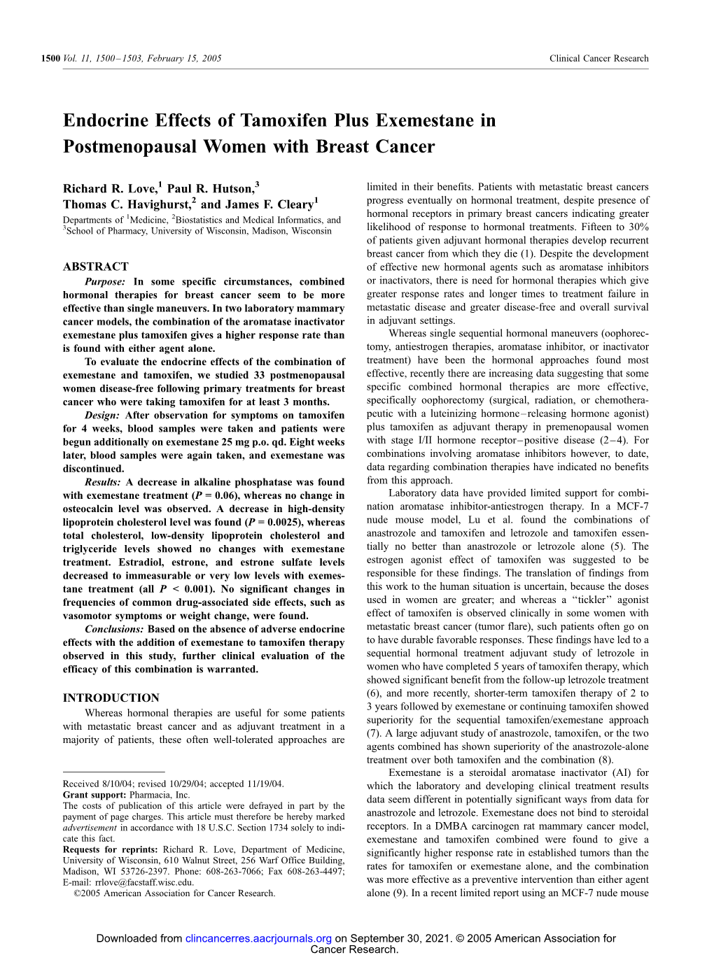 Endocrine Effects of Tamoxifen Plus Exemestane in Postmenopausal Women with Breast Cancer