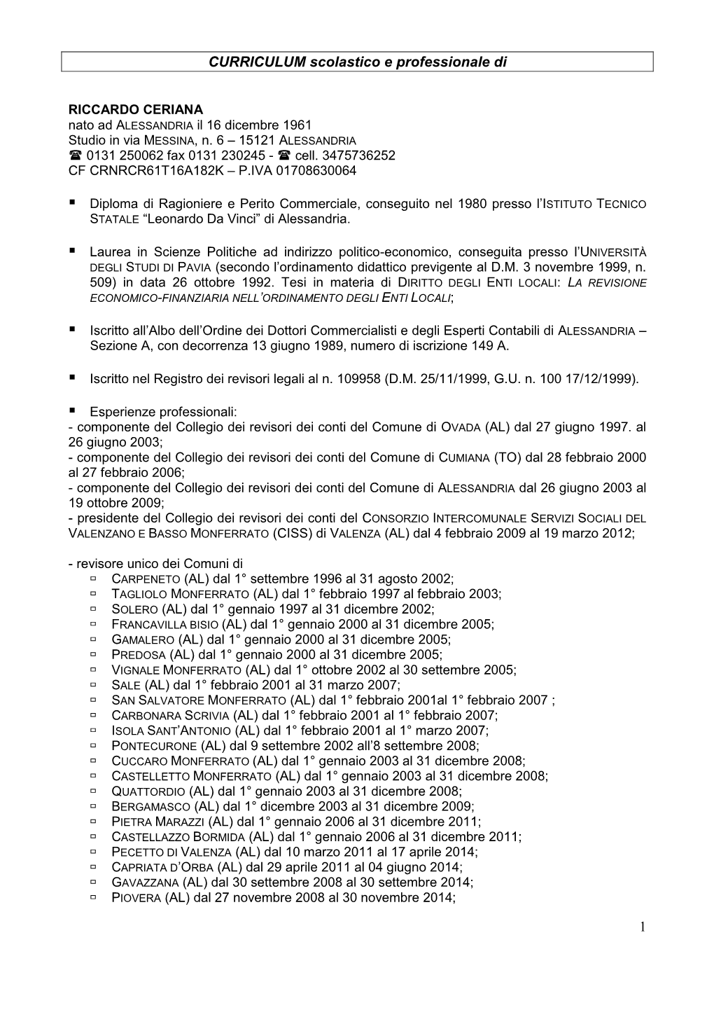 1 CURRICULUM Scolastico E Professionale Di