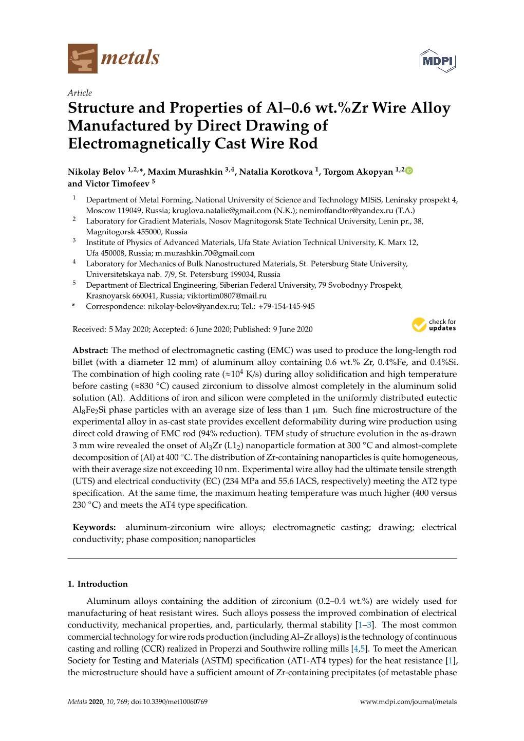 Structure and Properties of Al–0.6 Wt.%Zr Wire Alloy Manufactured by Direct Drawing of Electromagnetically Cast Wire Rod