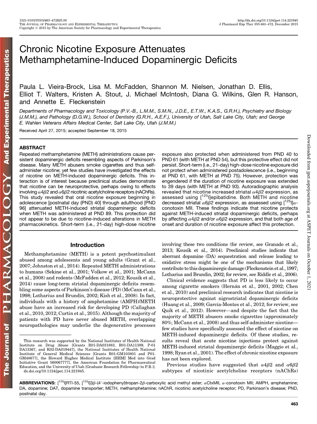 Chronic Nicotine Exposure Attenuates Methamphetamine-Induced Dopaminergic Deficits