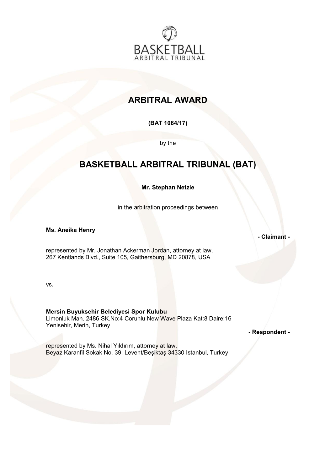 Arbitral Award Basketball Arbitral Tribunal (Bat)