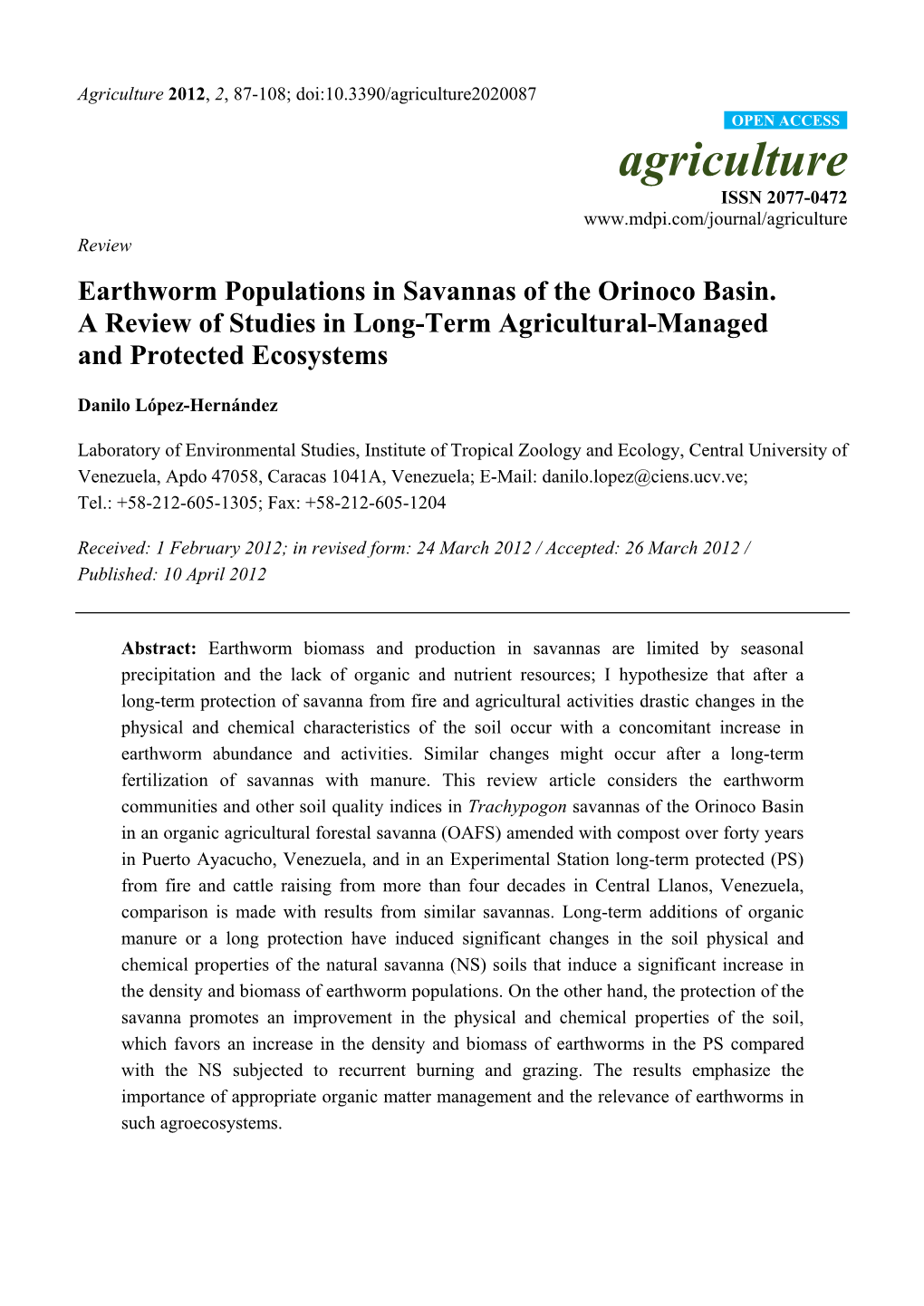 Earthworm Populations in Savannas of the Orinoco Basin. a Review of Studies in Long-Term Agricultural-Managed and Protected Ecosystems