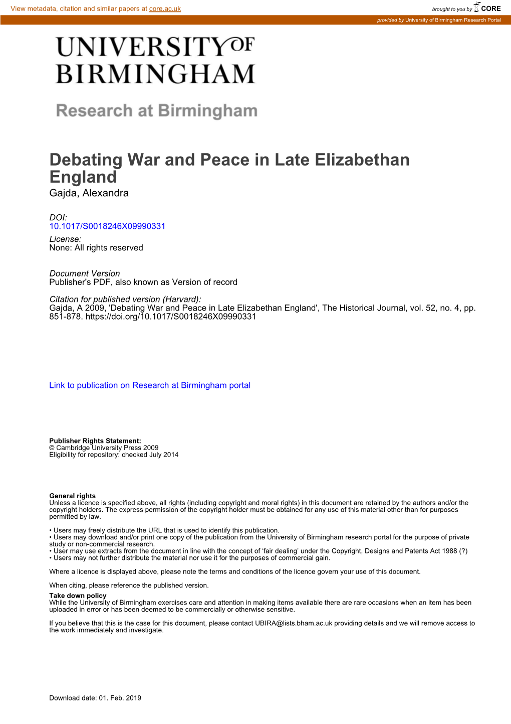 Debating War and Peace in Late Elizabethan England Gajda, Alexandra