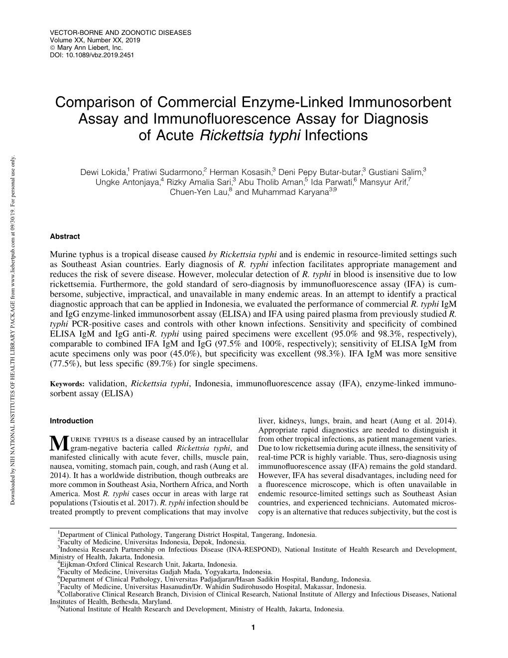 Comparison of Commercial Enzyme-Linked Immunosorbent Assay and Immunoﬂuorescence Assay for Diagnosis of Acute Rickettsia Typhi Infections