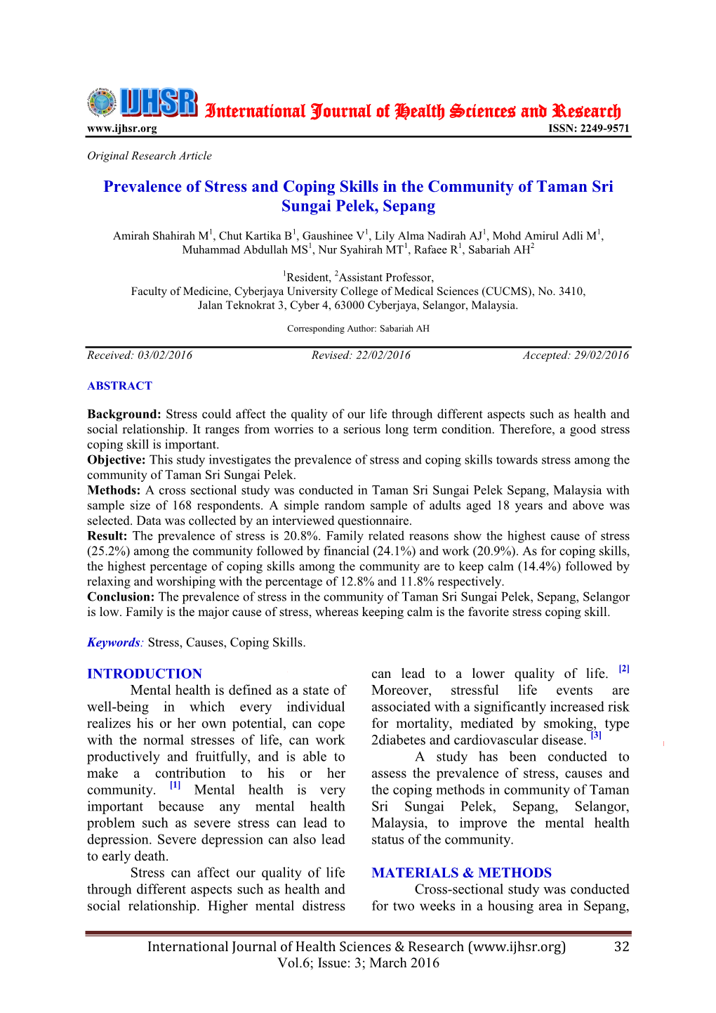 Prevalence of Stress and Coping Skills in the Community of Taman Sri Sungai Pelek, Sepang