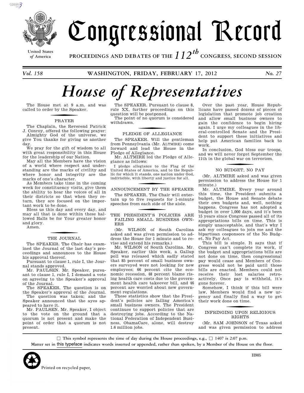 Congressional Record United States Th of America PROCEEDINGS and DEBATES of the 112 CONGRESS, SECOND SESSION