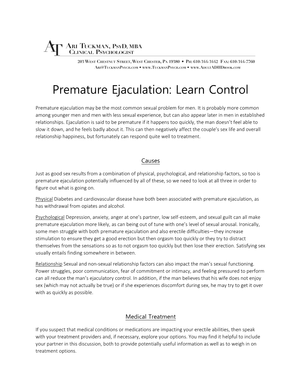 Premature Ejaculation: Learn Control