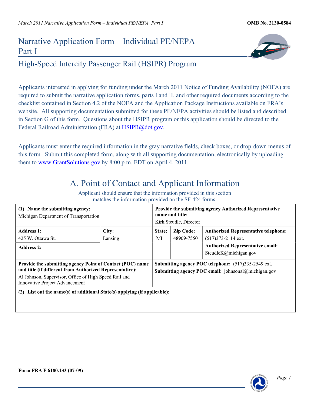 Preapplication for HSIPR Passenger Rail Program