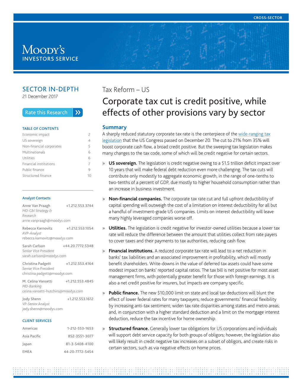 Corporate Tax Cut Is Credit Positive, While Effects of Other Provisions Vary by Sector
