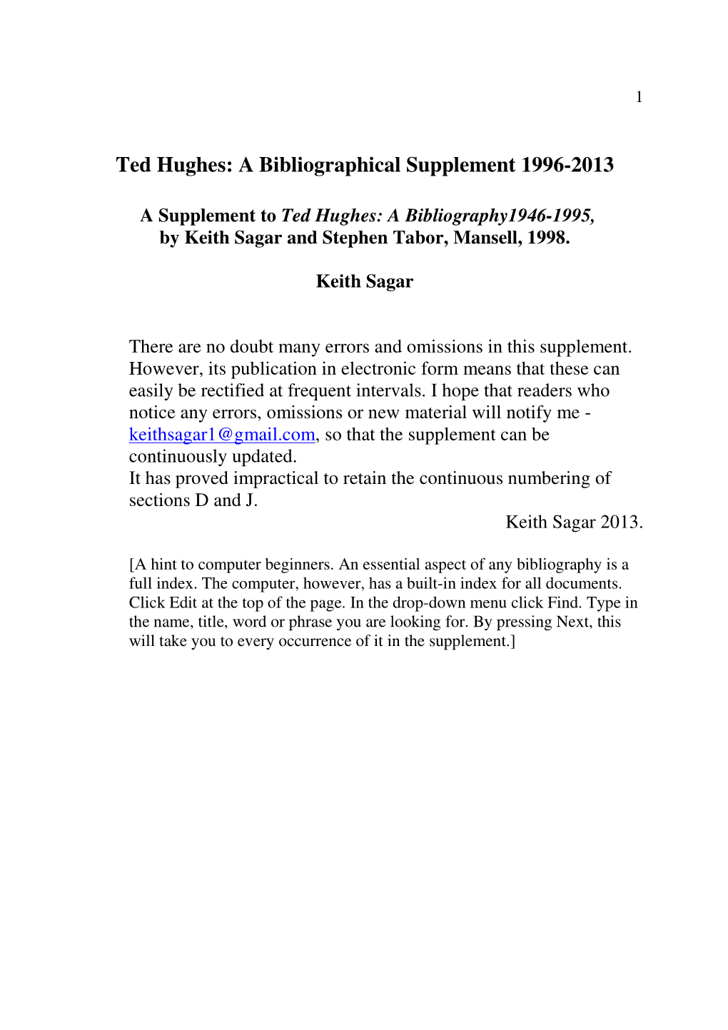 Ted Hughes: a Bibliographical Supplement 1996-2013