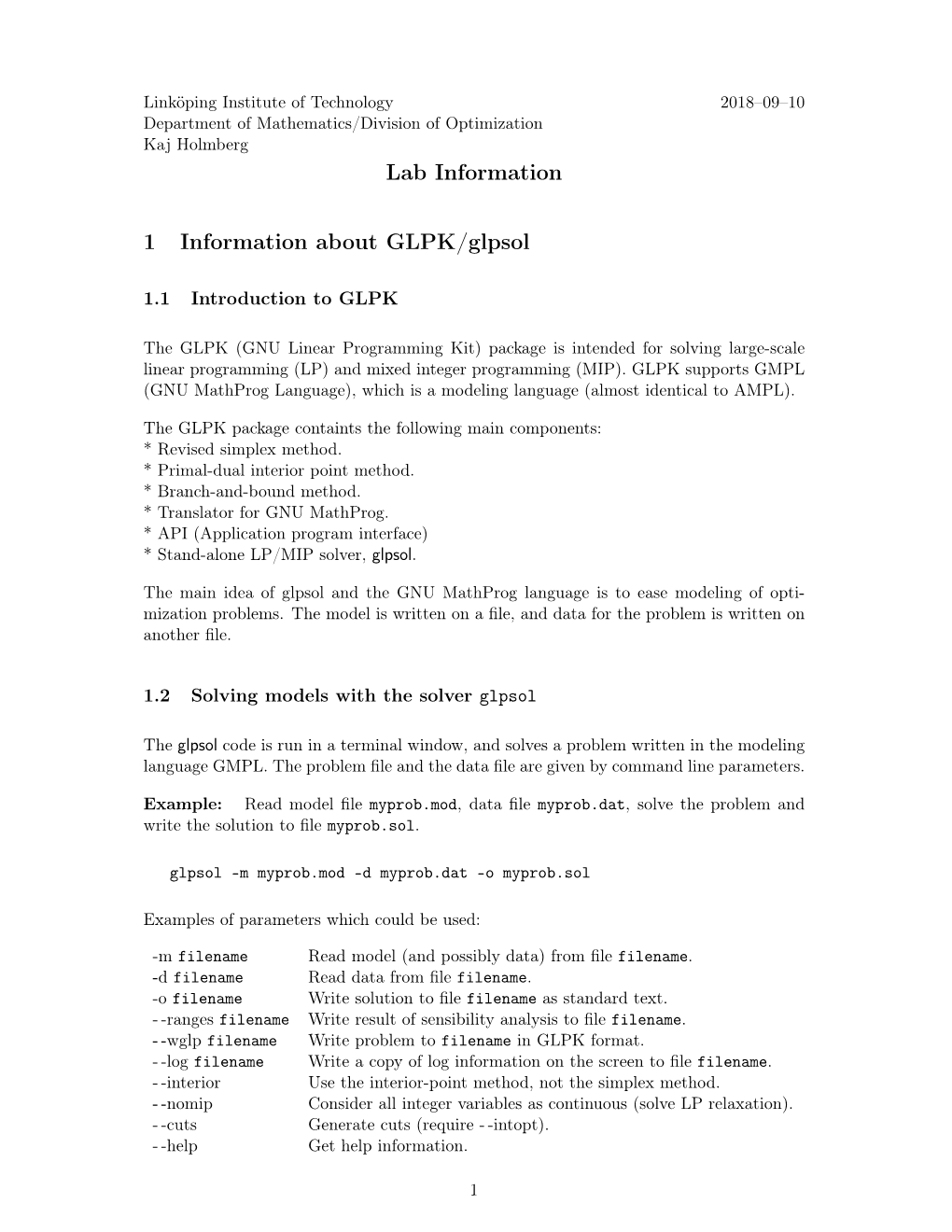 Lab Information 1 Information About GLPK/Glpsol