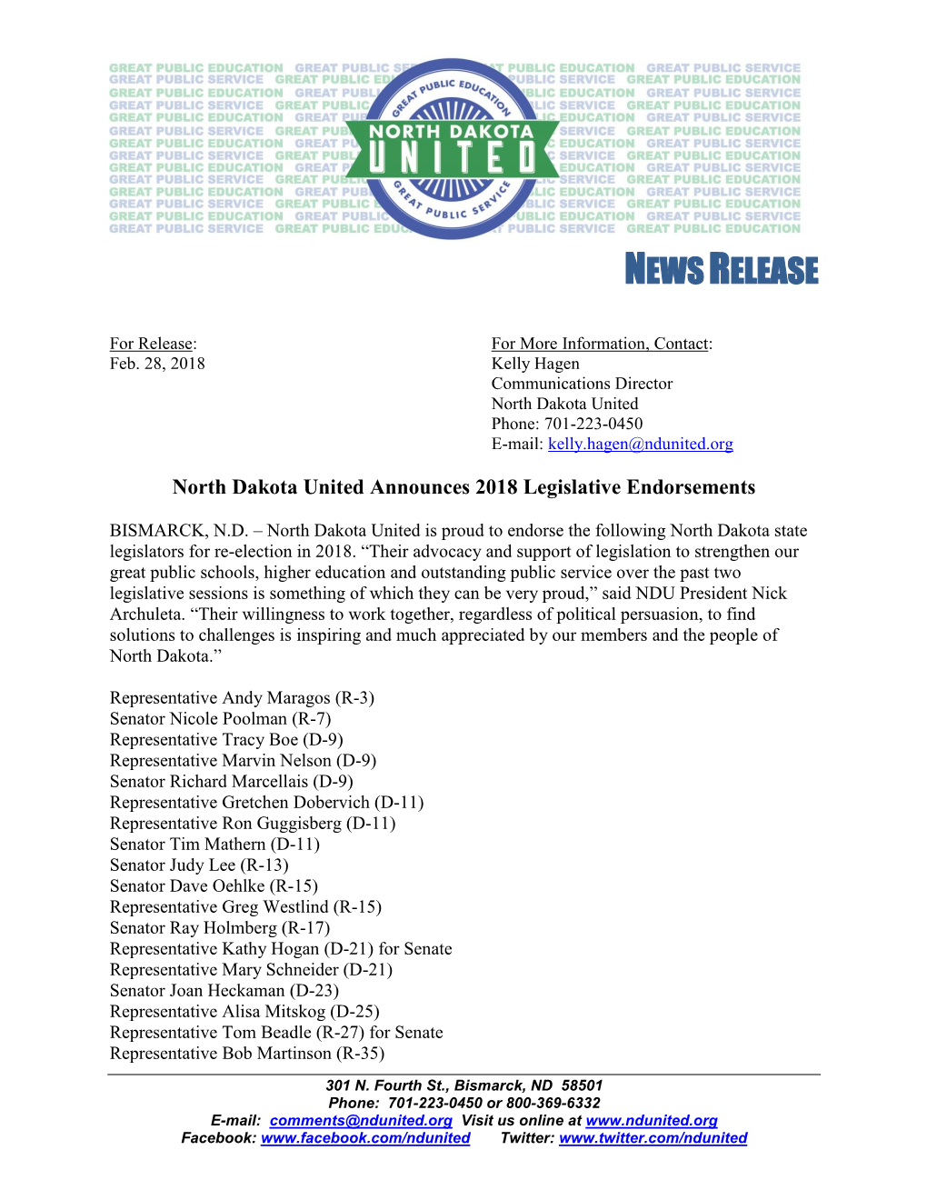 North Dakota United Announces 2018 Legislative Endorsements