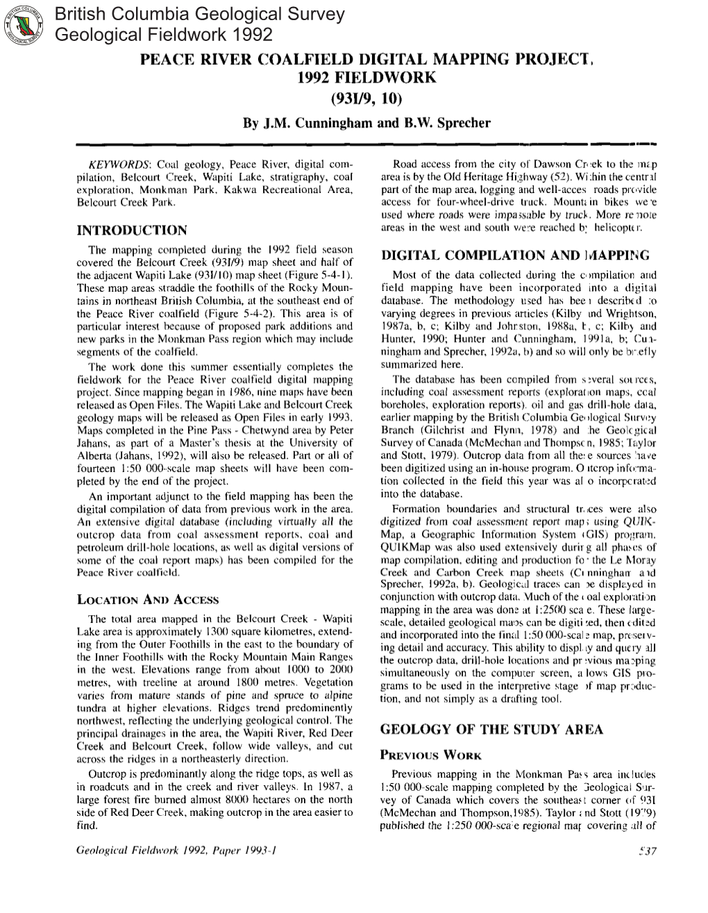 British Columbia Geological Survey Geological Fieldwork 1992