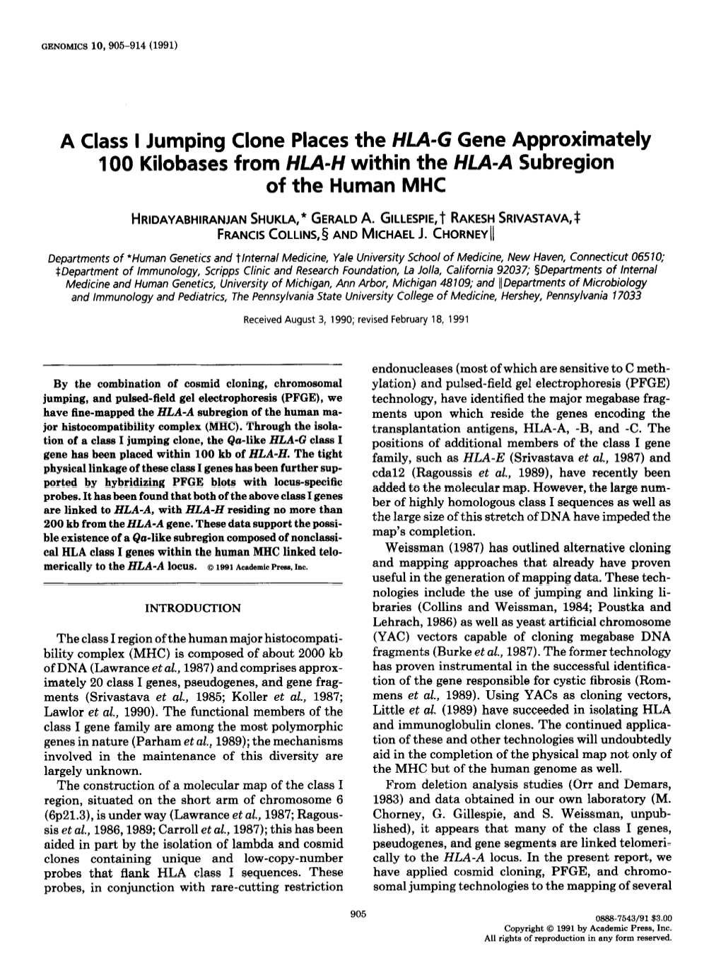 A Class I Jumping Clone Places the HLA-G Gene Approximately 100 Kilobases from Hfa-H Within the MA-A Subregion of the Human MHC