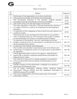 Table of Contents Sl. No. Subject Page No. 1 Particulars of the Organization, Functions and Duties 2-12 2 the Powers and Duties