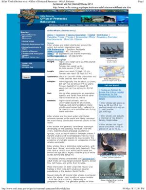 Killer Whale (Orcinus Orca) - Office of Protected Resources - NOAA Fisheries Page 1
