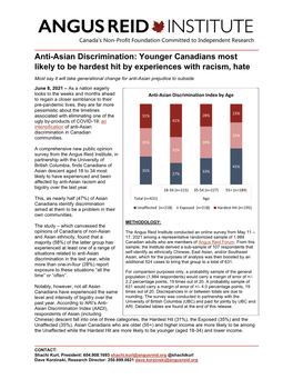Anti-Asian Discrimination: Younger Canadians Most Likely to Be Hardest Hit by Experiences with Racism, Hate