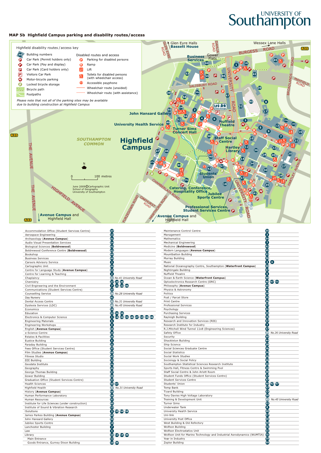 Highfield Campus Parking and Disability Routes/Access