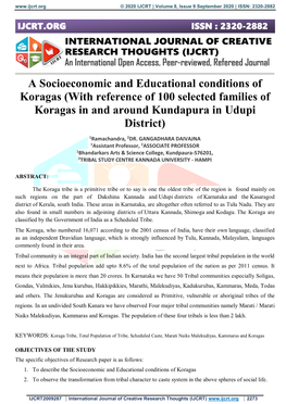 A Socioeconomic and Educational Conditions of Koragas (With Reference of 100 Selected Families of Koragas in and Around Kundapura in Udupi District)