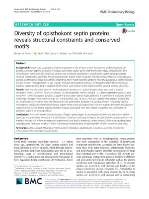 Diversity of Opisthokont Septin Proteins Reveals Structural Constraints and Conserved Motifs Benjamin Auxier1,3* , Jaclyn Dee1, Mary L