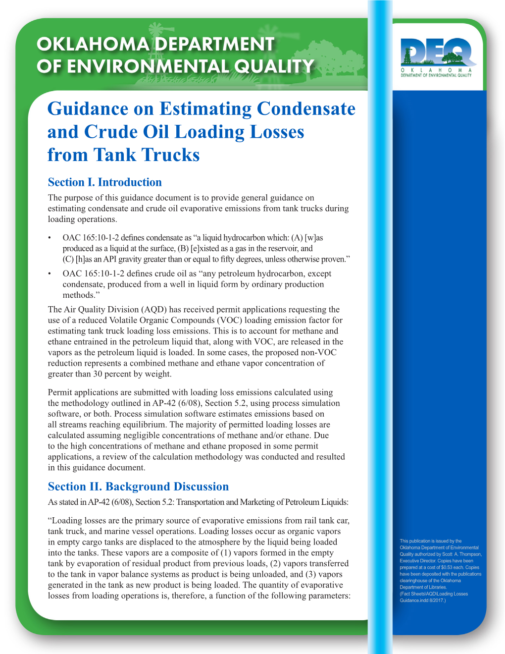 Guidance on Estimating Condensate and Crude Oil Loading Losses from Tank Trucks Section I